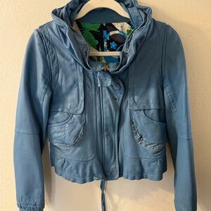 Stylish Blue Genuine Leather Cropped Jacket